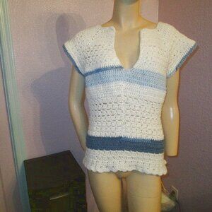 70s Vtg Hand Knit Crochet Top Size M L Short Sleeves V-Neck Pullover Boho Hippie